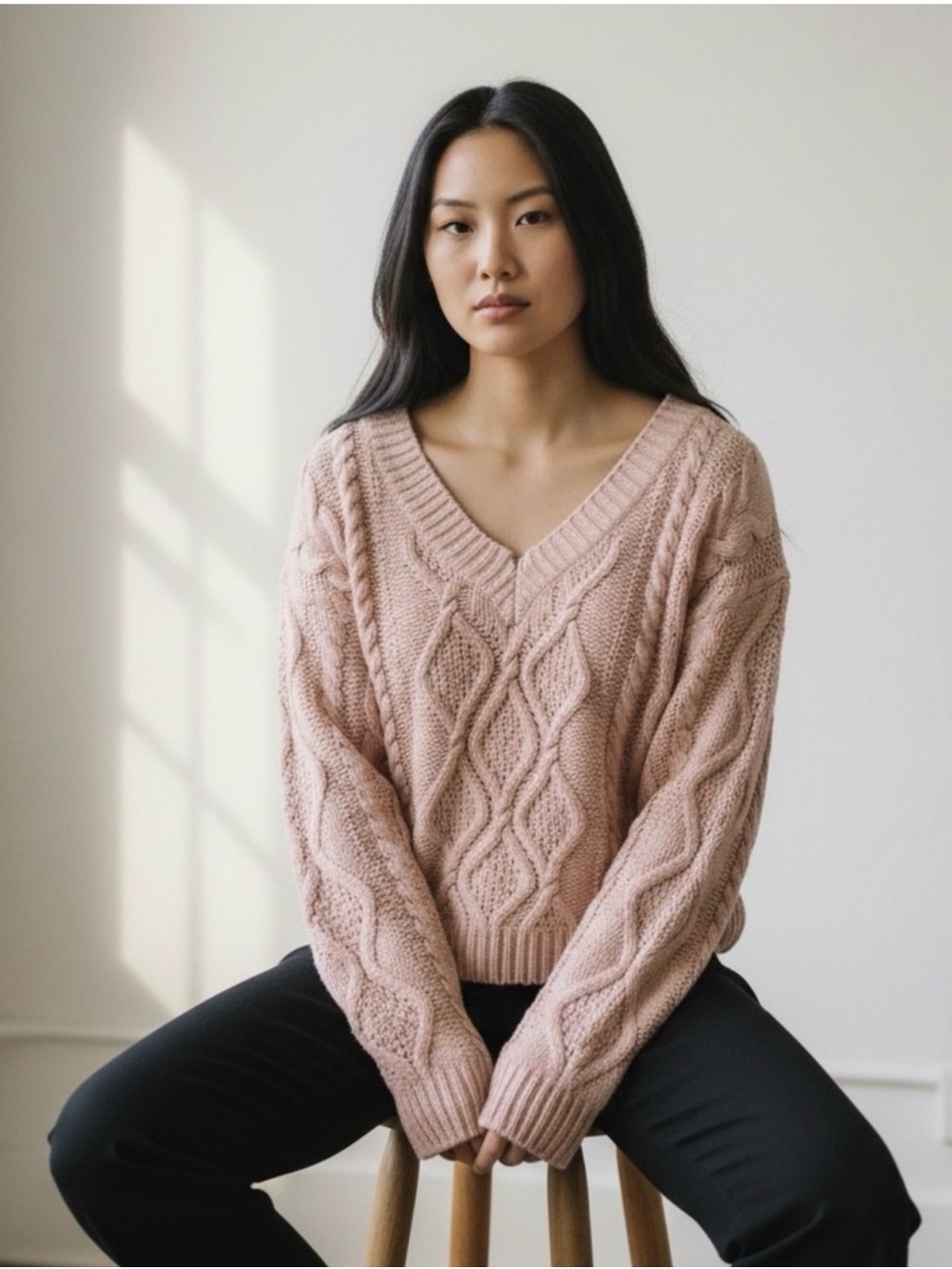 Sweet Envy Pastel Pink Cable Knit V-Neck Sweater - Women’s Size M
